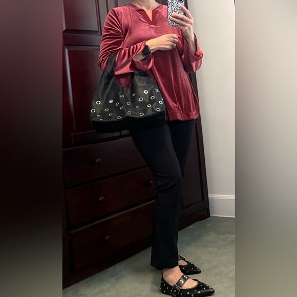 Knit Velvet Split Neck Pullover Top - Picture 3 of 8